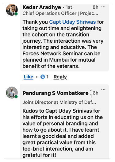 Screenshot of LinkedIn comments from Kedar Aradhye and Pandurang S Vombatkere thanking Capt Uday Shriwas