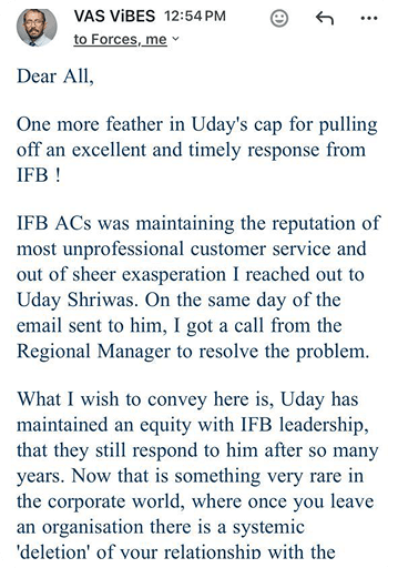 Screenshot of an email from VAS ViBES appreciating Uday Shriwas for supporting a timely response