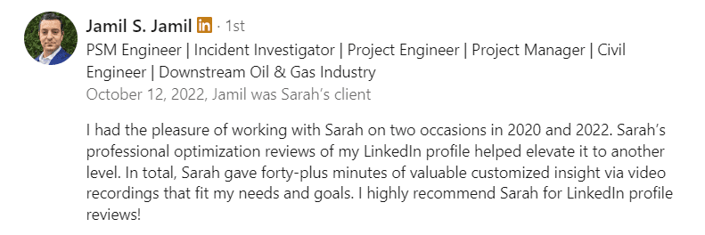 Recommendation testimonial screenshot from Jamil S. Jamil