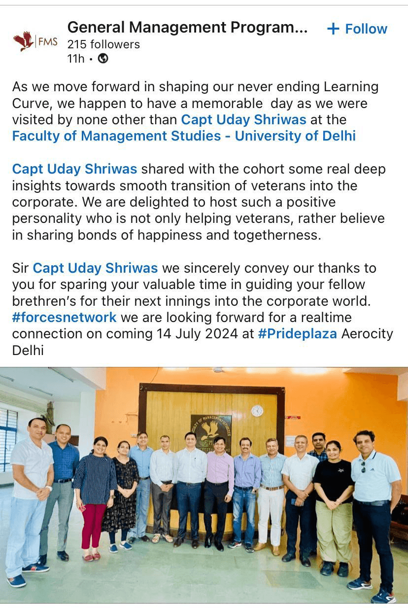 Social media testimonial post about a general management programme session with Captain Uday Shriwas