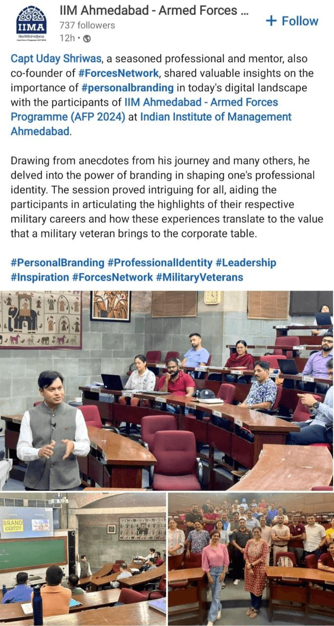 Social media testimonial post about an IIM Ahmedabad armed forces programme session