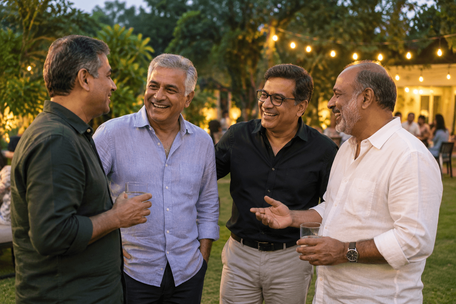 Illustrative image of friends greeting each other at an evening social