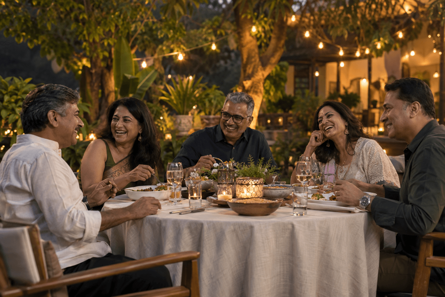 Illustrative image of community members sharing dinner and laughter