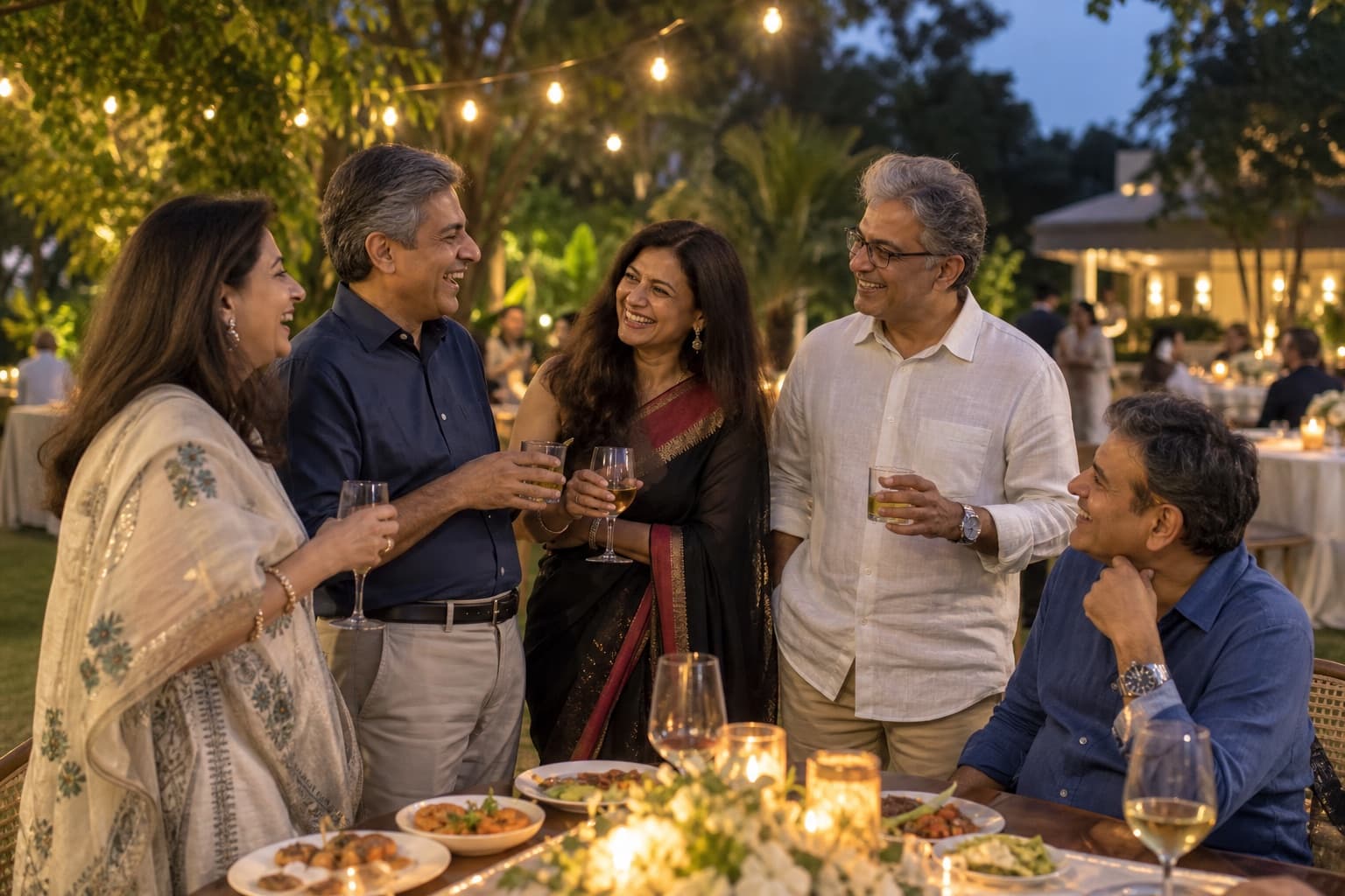 Illustrative image of friends sharing conversation at a warmly lit garden social